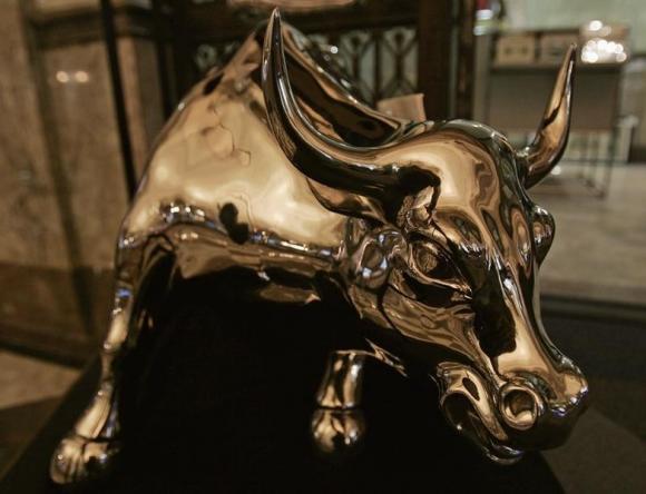 A bronze sculpture of the New York Stock Exchange Bull is seen at the Museum of American Finance in New York