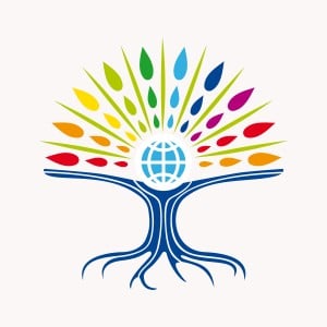 Community manager education world tree concept with colorful abstract leaves and earth icon illustration. EPS10 vector file organized in layers for easy editing.
